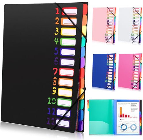 Tatxmalv A4 Dokumentenmappe, Fächermappe, Dokumentenmappe mit 12 Fächer, Mappe Organizer mit Gummizug für Büro Dokumente, Schule Hausaufgaben und Papier, Wasserdicht, mit Etikett (Schwarz)