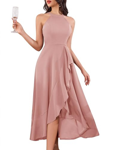 Aupuls Neckholder aftonklänning dam lång för bröllopsgäst elegant hi-Lo festliga klänningar med vokuhila för bal cocktail, Blush, L