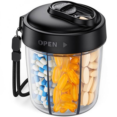 AUVON Large Pill Dispenser Can Store 7 Various Supplements, Travel Pill Organizer Bottle with Anti-Mix Design, Arthritis-friendly Pill Holder with Wide Opening & Slider Lid, Includes 20 Blank Stickers