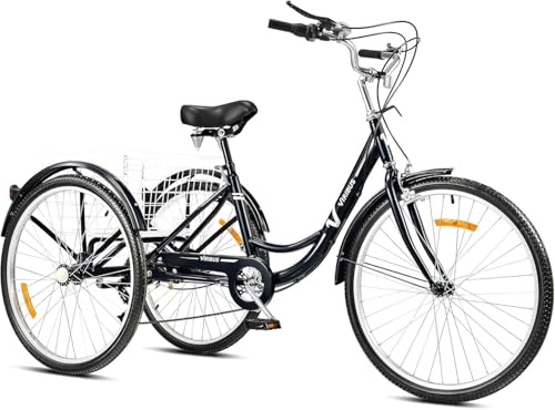 Viribus 26 Inch Adult Tricycle, 7 Speed Adult Trike 3 Wheel Cargo Bike with Basket & 205 kg Cap for Men Women Senior, Adjustable Three Wheel Bike Cruiser Bicycle for Shopping Cycling Pedalling, Black