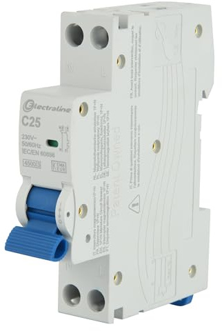 Electraline 87004 Disjoncteur 25A, courbe C (protection optimale contre les surintensités et les courts-circuits), 1P+N, 4.5kA, 240V, certifié CE, KEMA-KEUR et UKCA
