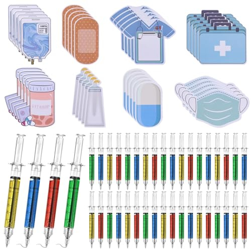 280 Piece Syringe Pen & Note Set - 40 Retractable Nurse Pens + 240 Adhesive Notes, 0.5mm Ballpoint, Novelty Medical Role Play Supplies, Nursing Student Gift, Party Favours (4 Colours, 8 Designs)