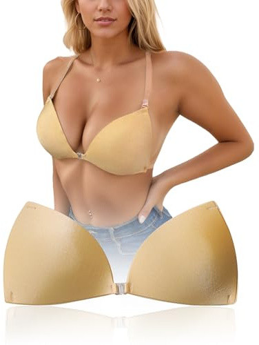changlizi Stick on Bras for Women Push Up Invisible Halter Bra Reusable Adhesive Backless Bra with Clear Straps for Dress, Party, Daily Wear, Gold-C
