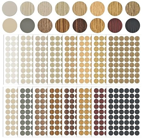 Adesivi per fori per viti per mobili, 864, toppe di riparazione con venature del legno per fori danneggiati, diametro 2,1 cm, fissaggio invisibile, 16 fogli (struttura in legno marrone)