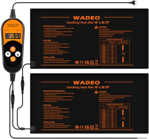 WADEO Esterilla calefactora para Plantas con termostato 53 x 25 cm, 2 esterillas con 1 Controlador, Potencia calefactora automática y función de Temporizador, para invernaderos de Interior y Cultivo
