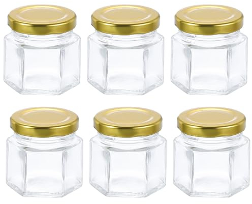 QUARKZMAN 6 stycken sexkantiga glas honungsglas 25 ml liten mini honung glasbehållare med guldlock för bröllopsfest gästpresenter bruddusch