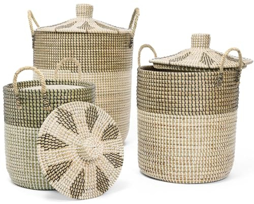 3 cesti per la biancheria, con manici e sacchetti interni, impilabili, con coperchio in erba marina, naturale, grande Vietnam, fatti a mano, per la cameretta dei bambini, per il bagno, il soggiorno