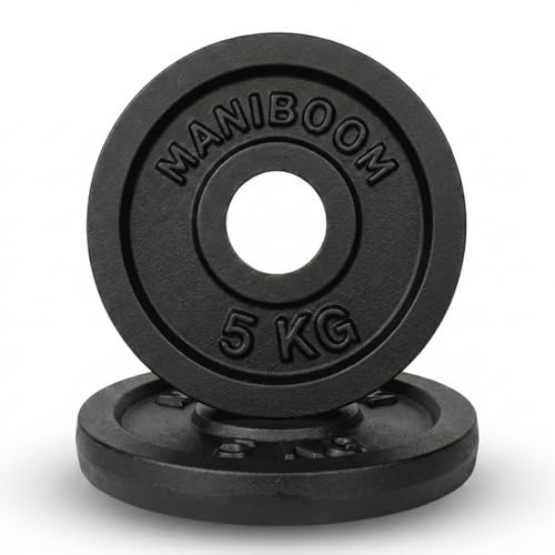 ManiBoom Discos de Pesas Hierro Fundido – Placas para Mancuernas y Barra 25mm (Estándar 1) – Discos Gym Macizos No Cemento – Sets Disponibles: 1.25kg, 2.5kg, 5kg, 10kg (2 x 5 KG)