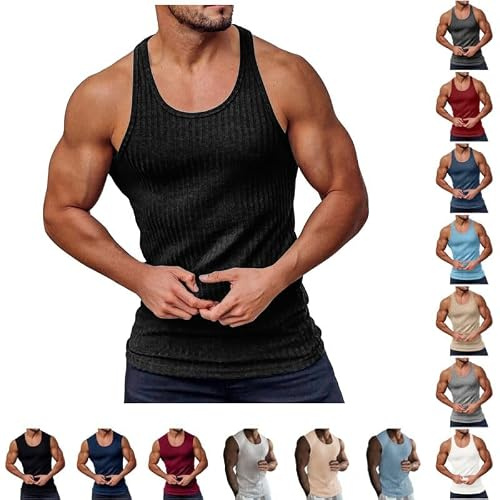 Débardeur Homme Été Tricoté Côtelé T-Shirt sans Manche Maillot de Corps de Sport Confort Respirant Couleur Unie pour Le Fitness et L'entraînement