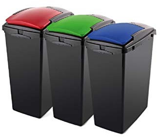 Addis Recycling 40 Litre Set of 3 Waste Utility Plastic Bins Interlocking Clips, Lift, Red & Green, Black Colour Coded Lids Blue, Red, Green, 3 x 40