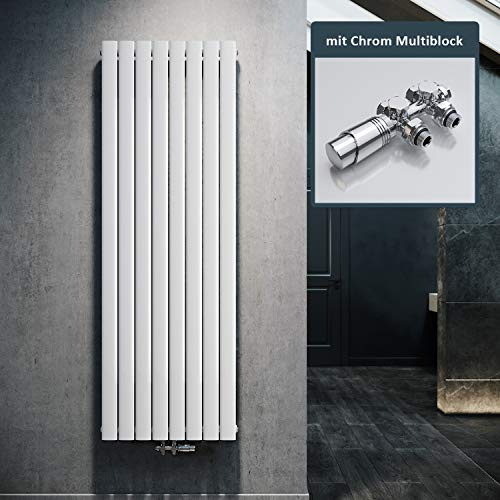 ELEGANT Design Heizkörper Flach 1800x616mm mit Chrom Multiblock Thermostat Flachheizkörper Weiß Einlagig Vertikal Heizkörper Mittelanschluss