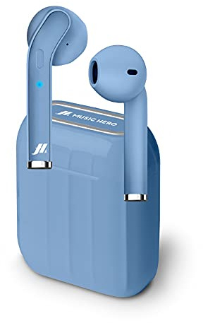 Music Hero Auricolari Twin Style True Wireless Stereo Con Microfono E Tasto Risposta/Fine Chiamata, Custodia di Ricarica Da 300Mah, Fino A 2.5 Ore Di Ascolto Musica, Azzurro, Unica