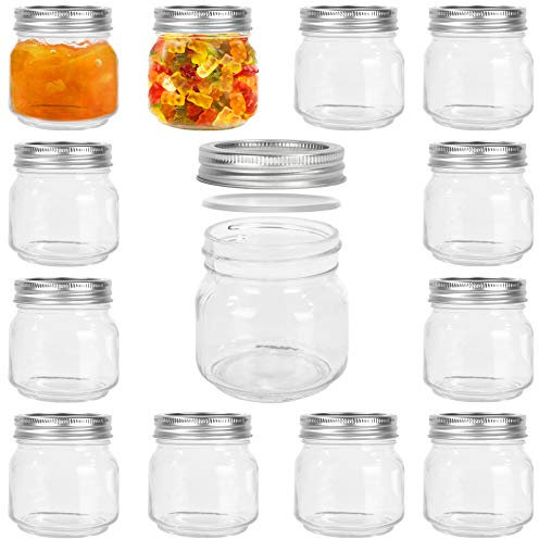 Yishik Lot de 12 bocaux Mason ordinaires de 250 ml avec couvercles argentés étanches - Réutilisables - Pour confiture, fruits, fêtes, mariages, cadeaux faits maison
