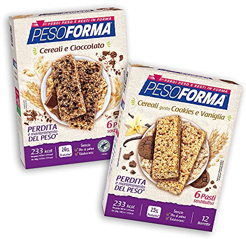 Pesoforma Barrette Cereali Croccanti e Cioccolato, Pasti Sostitutivi Dimagranti, Ricco in Proteine - 12 x 31 g + Barrette Cereali Croccanti Gusto Cookies e Vaniglia - 12 x 31 g