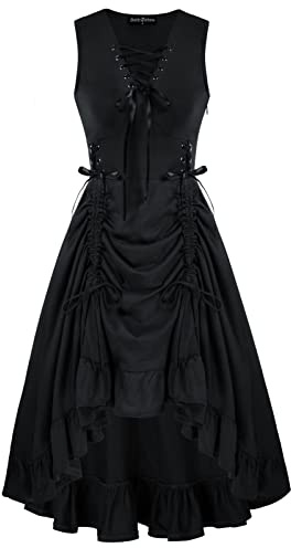 Scarlet Darkness Renaissance Steampunk Dress Lace Up High Low Dress Pirate Costume, Black, L