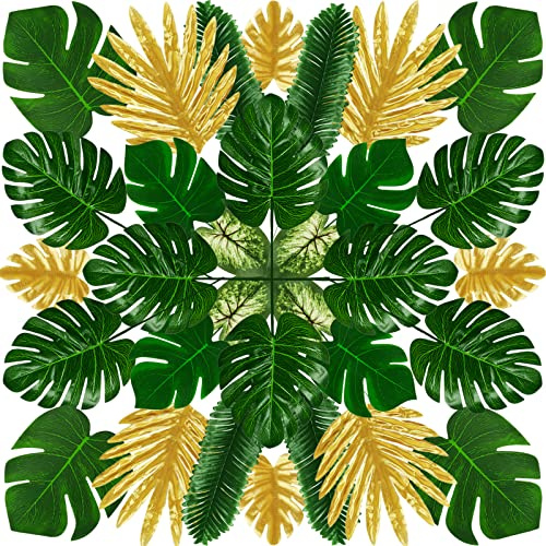PietyPet Tropical Party Decorations, 50 Pieces 7 Kinds Artificial Palm Leaves Green and Gold Tropical Monstera Leaves with Stems for Hawaiian Luau Party Jungle Beach Table Leave Decorations