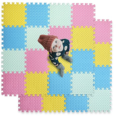 Tamiplay 16 Tiles Foam Play Mat for Baby, Soft & Safe EVA Foam Mats for Floor, Square Baby Play Mat, Colored Kids Foam Puzzle Floor Mat, 47x47 Play Mat for Playpen(Pink/Yellow/Light Blue/Green)
