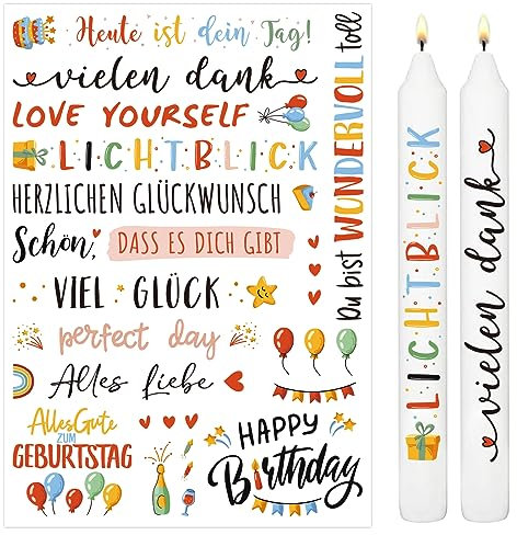 BETESSIN 3x Kerzen Tattoofolie Bunt Kerzenfolie Geburtstag für bis zu 50 Kerzen Kerzensprüche Happy Birthday Wasserschiebefolie Kerzentattoo Sprüche Kerzensticker DIY Kerzen Tassen Geschenk