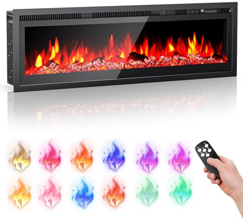 Trsaow Electric Fireplace, Wall Mounted/Recessed/Freestanding 102CM/40 Electric Fire, 5 Settings for Brightness, 12 Color Flame, Crystal & Log Set, 750W/1500W