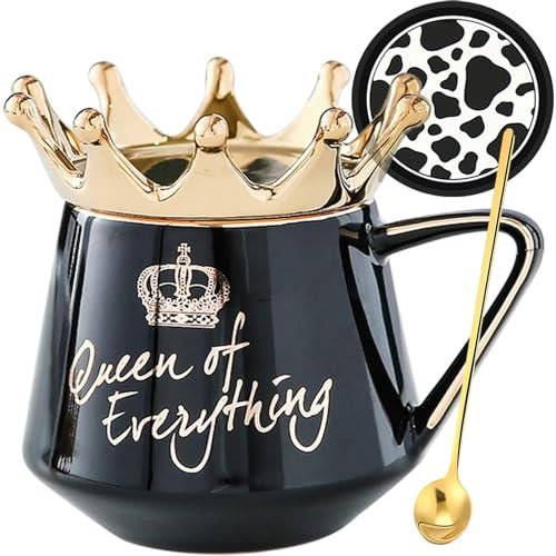 Arawat Queen of Everything Tasse mit Deckel, schwarze Krone, Queen Elizabeth, Tasse, Geschenk, 350 ml, Geburtstagsgeschenk für 20, 30, 40, 50, 60, 70, 80, 90, Frauen, Geschenke für Freundin, Mädchen