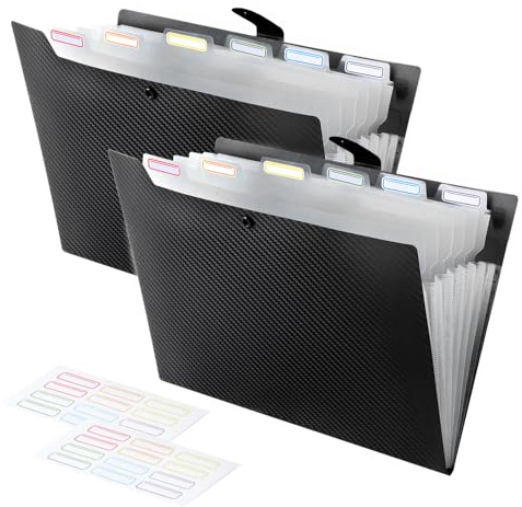 FRETONBA A4 Dokumentmapp med 7 fack, Dokumentmapp 2 stycken, Plastfäste A4 Stabil Etikettdesign, Ringmapp med Knappdesign Förhindrar Spill, Register för Ordning, Svart