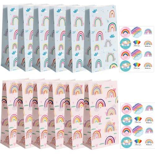 UEAVOID 12 Stück Geschenktüten Papiertüte Partytüten Candy Tüten für Hochzeit Kinder Party Geburtstag mit Aufkleber (Regenbogen)