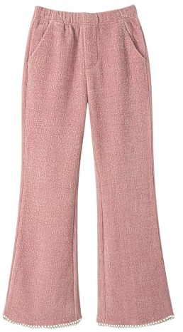 Rolanko Pantalones de Campana para Niña, Cintura Elástica Leggings Acanalados Brillantes de Terciopelo con Campana y Perlas Niños Cálidos Pantalones Jogger con Bolsillos, Rosa, 8-9 años/ 140
