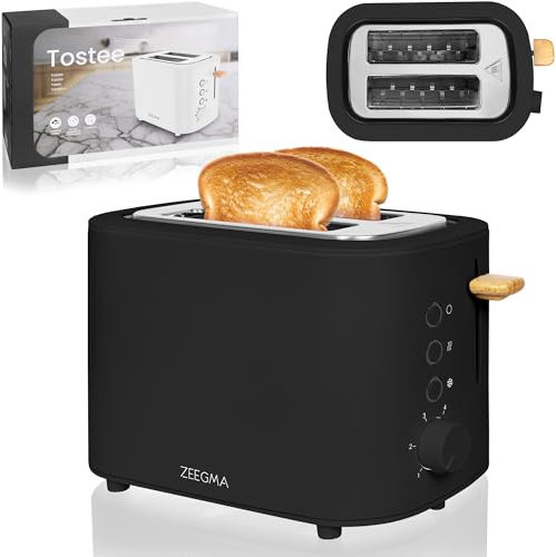 ZEEGMA TOSTEE Tostadora 820W para 2 Rebanadas, Función Descongelar y Recalentar, Ranura Ancha, Regulación de Tostado, Bandeja Recogemigas, Diseño Compacto en Acero Inoxidable (Negro)