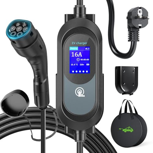 EVJUICION Ladekabel Elektroauto Typ 2 Schuko,[3,68kW|8-16A |6m],ladekabel typ 2 schuko mit Ständer,2,4-Zoll-LED-Bildschirm mit Zeitverzögerung,Typ 2 Ladekabel Schuko für EVs & PHEVs,IP67/IP54