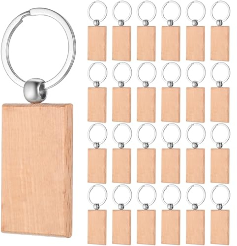 DAJMAIEZ 25 Piezas Llaveros de Madera en Blanco Personalizada, Llaveros DIY con Anillos, Rodajas de Madera para Manualidades y Grabado Pirograbado (rectángulo en ángulo recto)