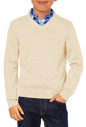 Haloumoning Pojktröja V-ringning Uniform Barn Långärmad Stickad Tröja Enfärgad Basic Casual Lätt Stickad Topp, Beige, 7-8 år