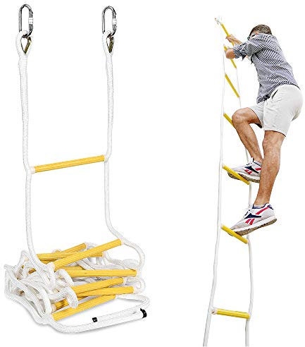 ISOP Escalera de Cuerda de Emergencia contra Incendios de 4 m (13 pies) Escalera de Cuerda de Seguridad Resistente a Las Llamas con Mosquetones - Rápida Implementación y Fácil de Usar