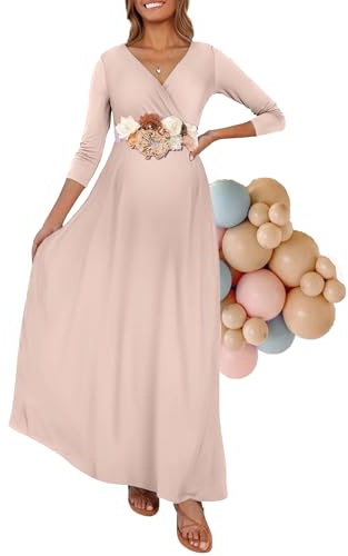 Kim S, Vestido Largo de Maternidad con Banda de Flores y Cuello en V de Fruncido Envolvente, para sesión de Fotos y Fiesta del bebé, S-XXXL, Ltmocha, Large