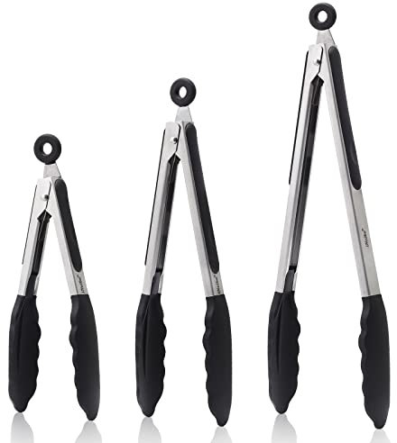 iNeibo Grillzange Küchenzange Zange Küche aus Rostfreim Edelstahl und Silikon Fleischzange Servierzange mit hitzebeständiger Silikongriff 3er-Set (30, 23, 18cm) Schwarz Ideal für Grillen, Kochen usw