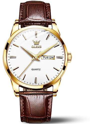 OLEVS Brown Leather Mens Watches Classic Analog Quartz Watch Ultra Thin Waterproof Watches for Men Small Casual Dress Date Day White Dial Men's Wrist Watch Simple Easy Reader Reloj para Hombre