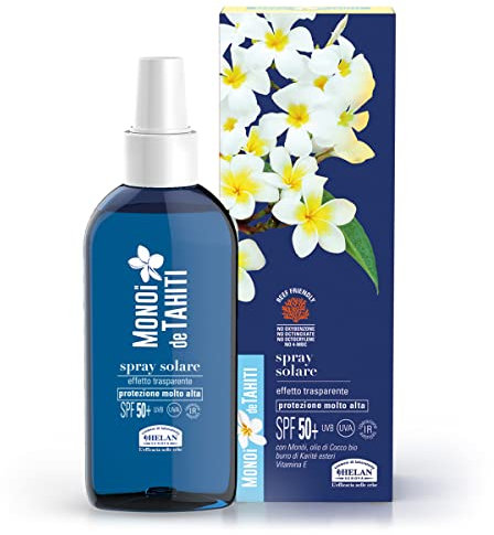 Helan, Monoï de Tahiti - Spray Solare 50+ Corpo Trasparente, Sunscreen con Olio di Cocco, Burro di Karitè Puro Esteri e Vitamina E, Protezione Solare 50+ SPF Molto Alta, non Unge e non Macchia, 150 ml
