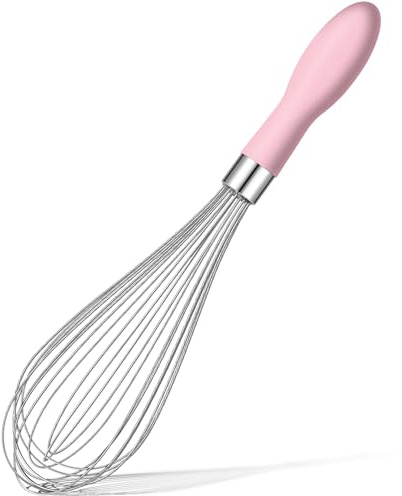 Rainspire 12-Inch Wire Whisk Stainless Steel, Balloon Whisks for Cooking, Wisk Wisking Tool With Soft Silicone Handle, Thick Durable Whisker for Blending, Beating, Whisking, Stirring, Pink