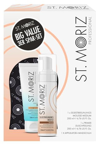 St. Moriz Professional Selbstbräuner 3er Geschenkset - Medium Mousse 200ml + Applikatorhandschuh + Vorbereitende Peelingdusche 200ml