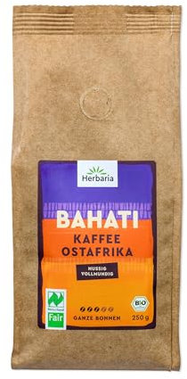 Herbaria BAHATI Bio Kaffee ganze Bohnen 250g – Naturland Fair zertifiziert aus Ostafrika – feinste Kaffee-Aromen nach gerösteten Nüssen & Schokolade – Bio Kaffeebohnen perfekt für Kaffeevollautomaten