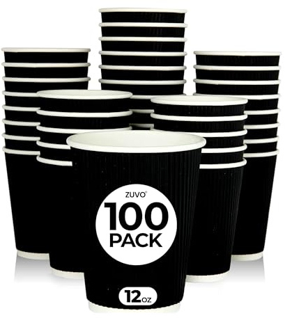 Zuvo Takeaway Coffee Cups 12 OZ - NO Lids - 100 Disposable Black Ripple Coffee Cups - Ideal for Takeaways