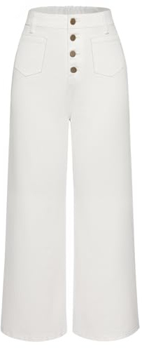 Belle Poque Pantalon en jean taille haute pour femme, coupe large et évasée, style vintage avec poches, blanc, S