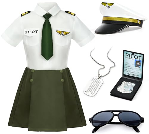 G.C Girls Pilot Costume Kids Dress Up Outfits Toddler Sunglasses Hat Accessories Halloween Cosplay Role Play Party Gifts