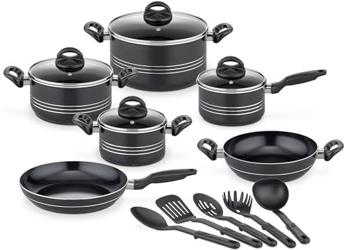 GSW Kochtopf Set Milano Nero, 15-teilig, Hochwertiges Topfset für Induktion, Ceran & Gas, Antihaftbeschichtung, Kochtöpfe mit Glasdeckel & Küchenhelfer, Töpfe & Pfannen