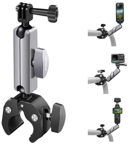 REYGEAK Supporto per fotocamera con doppia testa a sfera a 360° con viti da 1/4, supporto per manubrio bicicletta con doppio artiglio per GoPro Max Hero 13/12/11/10/9