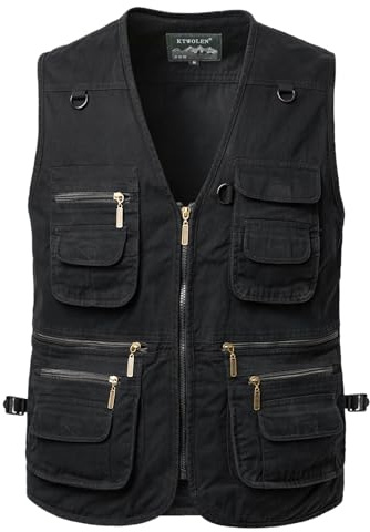 KTWOLEN Gilet de Pêche pour Homme Multi-Poches Coton Gilet de Photographe Veste sans Manches de Chasse Journaliste, Noir, M