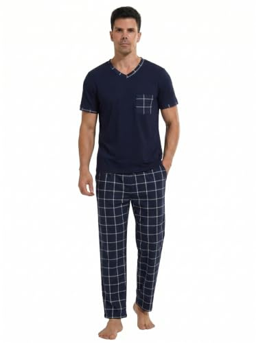 YUSHOW Pyjamas, män, tvådelad, kortärmad, pyjamasöverdelar, v-ringad, bröstficka och långa rutiga pyjamasbyxor med fickor, män, nattkläder, set, hemmadräkt, sommar, Marinblå rutig, XL