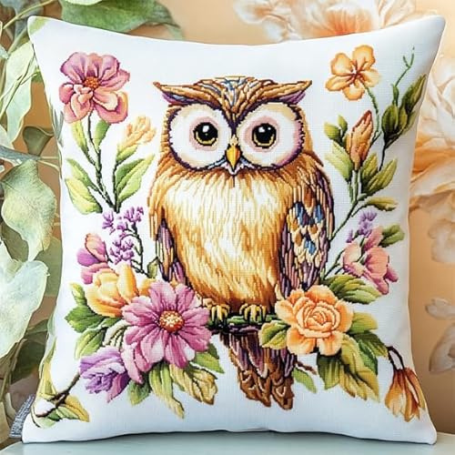 ANSIWEIGO Kit per cuscino 43 x 43 cm, kit fai da te con federa per cuscino all'uncinetto con tela prestampata con filato grosso, progetto completo fai da te per principianti, gufo in fiore