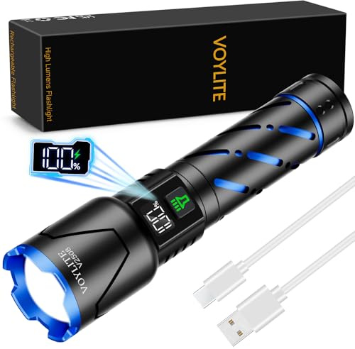 Voylite Torches LED Super Bright 500000 Lumens with LCD Power Display, Rechargeable with 5000 mAh Battery, Powerful, 3 Lighting Modes, Zoomable, for Camping, Exploration, and Dog Walking