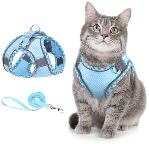 ORIA Katzengeschirr mit Leine Ausbruchsicher, Verstellbares Katzen Harness Geschirr mit Reflektierenden Streifen, Atmungsaktivem Mesh, für Katzen, Kitten, Hunde, Welpen (XXS) - Blau