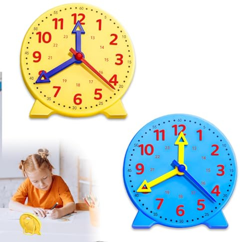 2PCS Teaching Clock for Children Learning Clock for Kids Moveable Learn to Tell the Time Clocks Yellow or Blue Time Teaching & Demonstration Clocks Ideal for Ages 3+ 4+ 5+ Early Education Diameter10cm